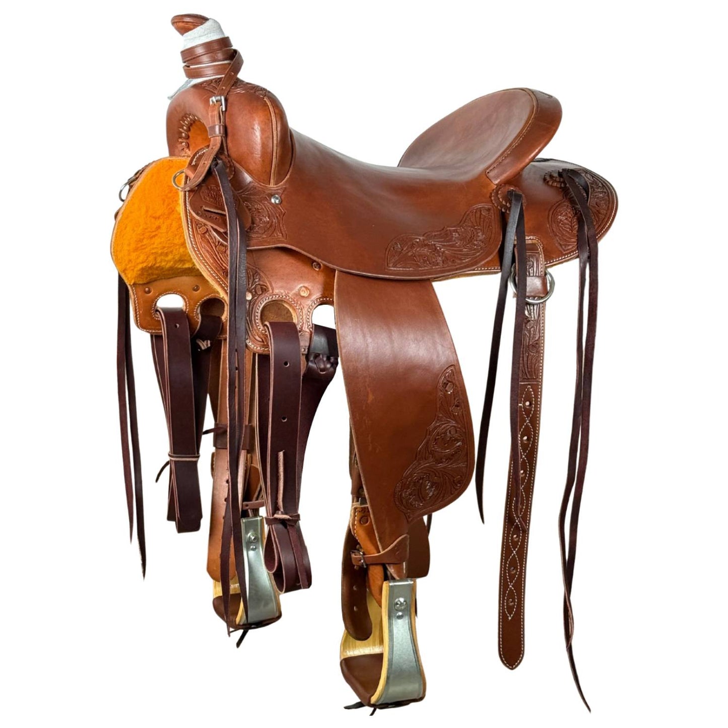 16.5" McLite All-Around Trail Saddle with Hard Seat, Heavy Oil with River Oak Tooling