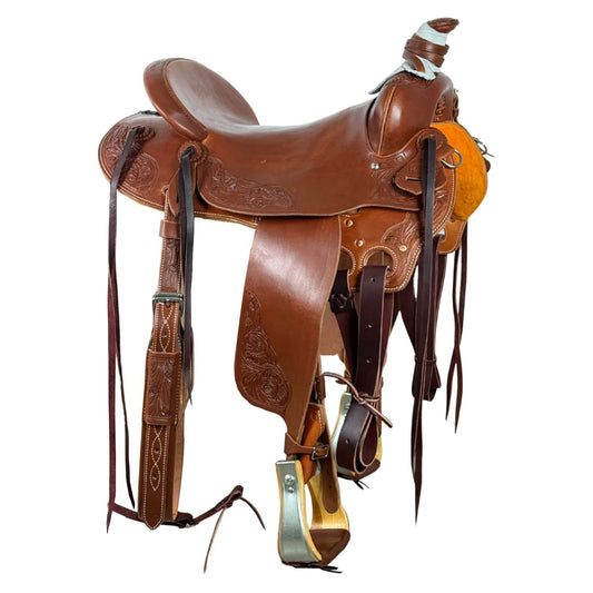 16.5" McLite All-Around Trail Saddle with Hard Seat, Heavy Oil with River Oak Tooling