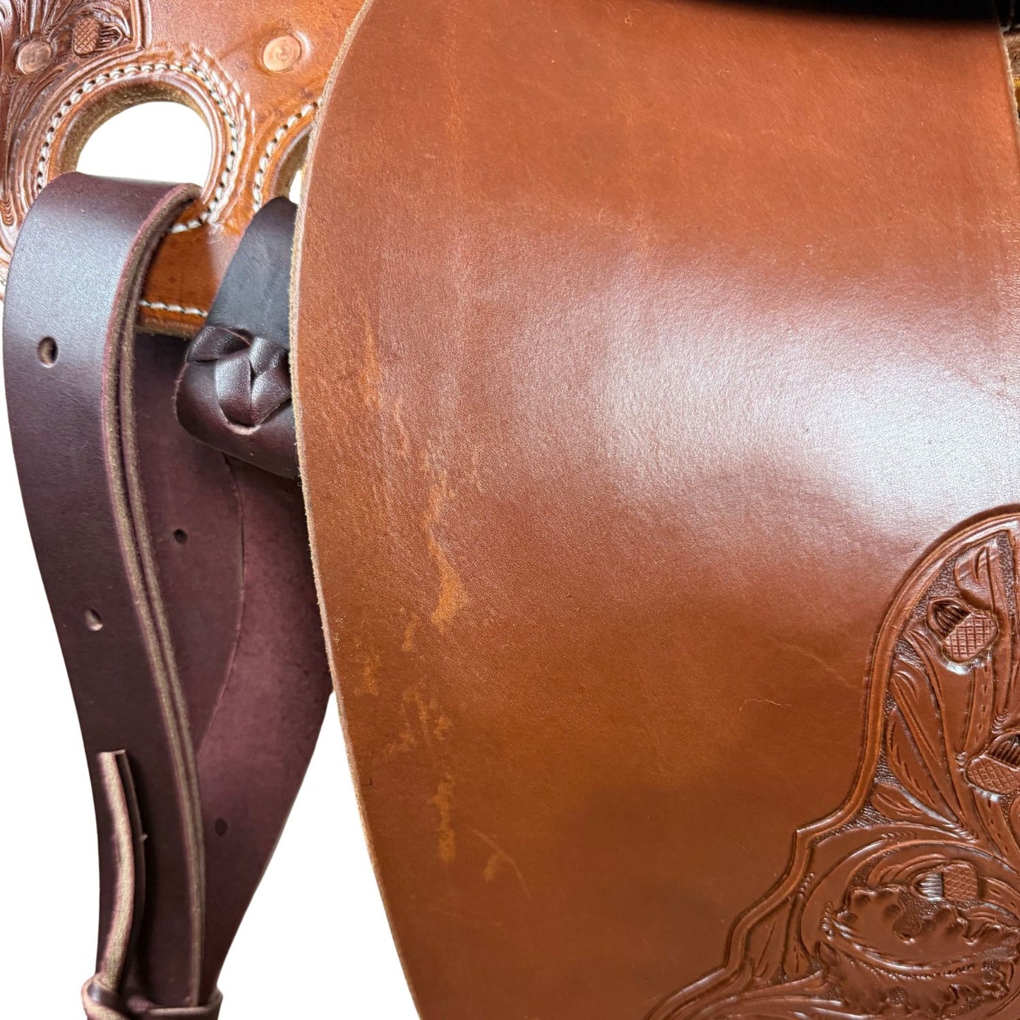 16.5" McLite All-Around Trail Saddle with Hard Seat, Heavy Oil with River Oak Tooling