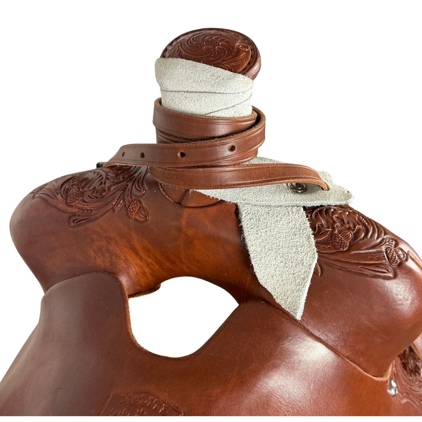 16.5" McLite All-Around Trail Saddle with Hard Seat, Heavy Oil with River Oak Tooling