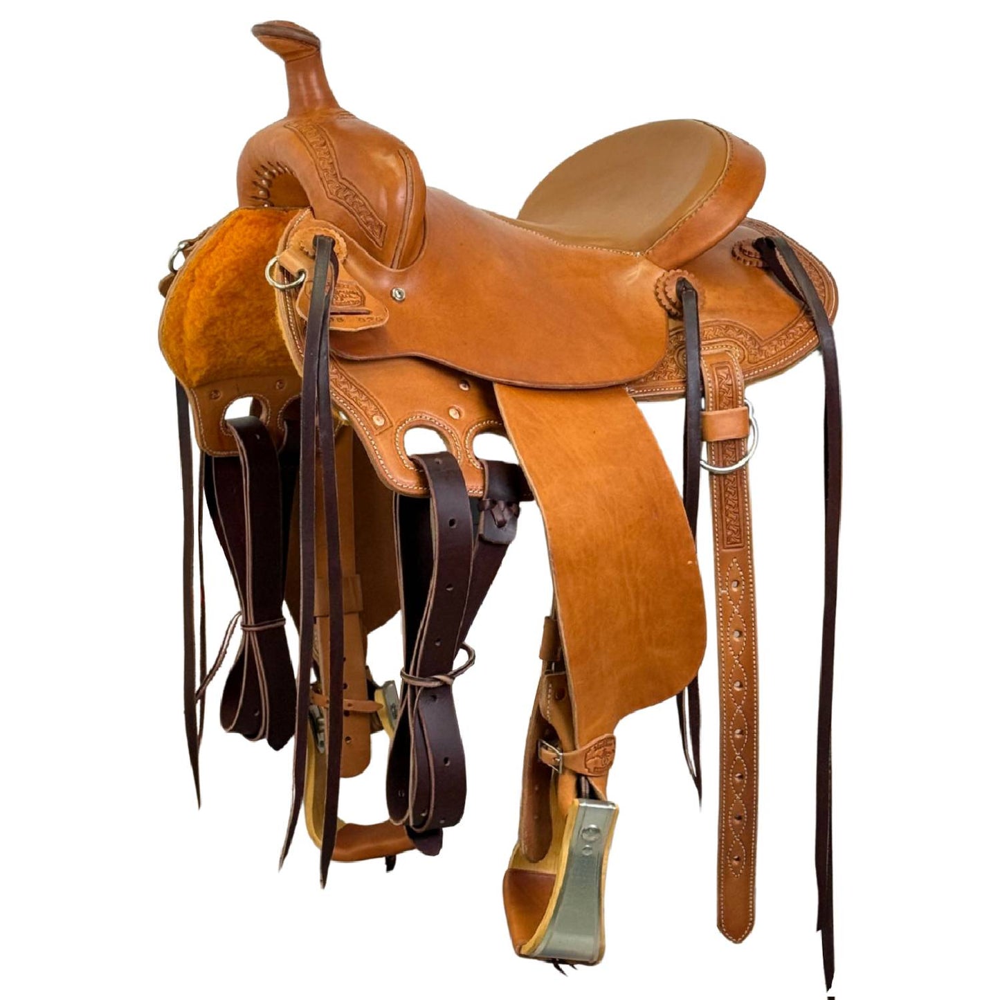 14" McLite All-Around Trail Saddle with Padded Seat, Medium Oil with Crazy Leg Border Tooling (Copy)