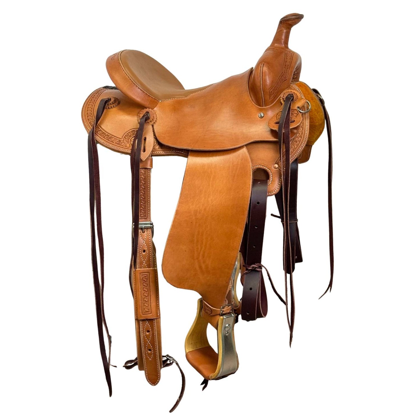 14" McLite All-Around Trail Saddle with Padded Seat, Medium Oil with Crazy Leg Border Tooling (Copy)