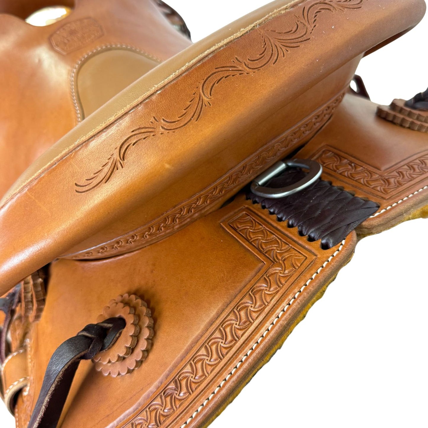14" McLite All-Around Trail Saddle with Padded Seat, Medium Oil with Crazy Leg Border Tooling (Copy)