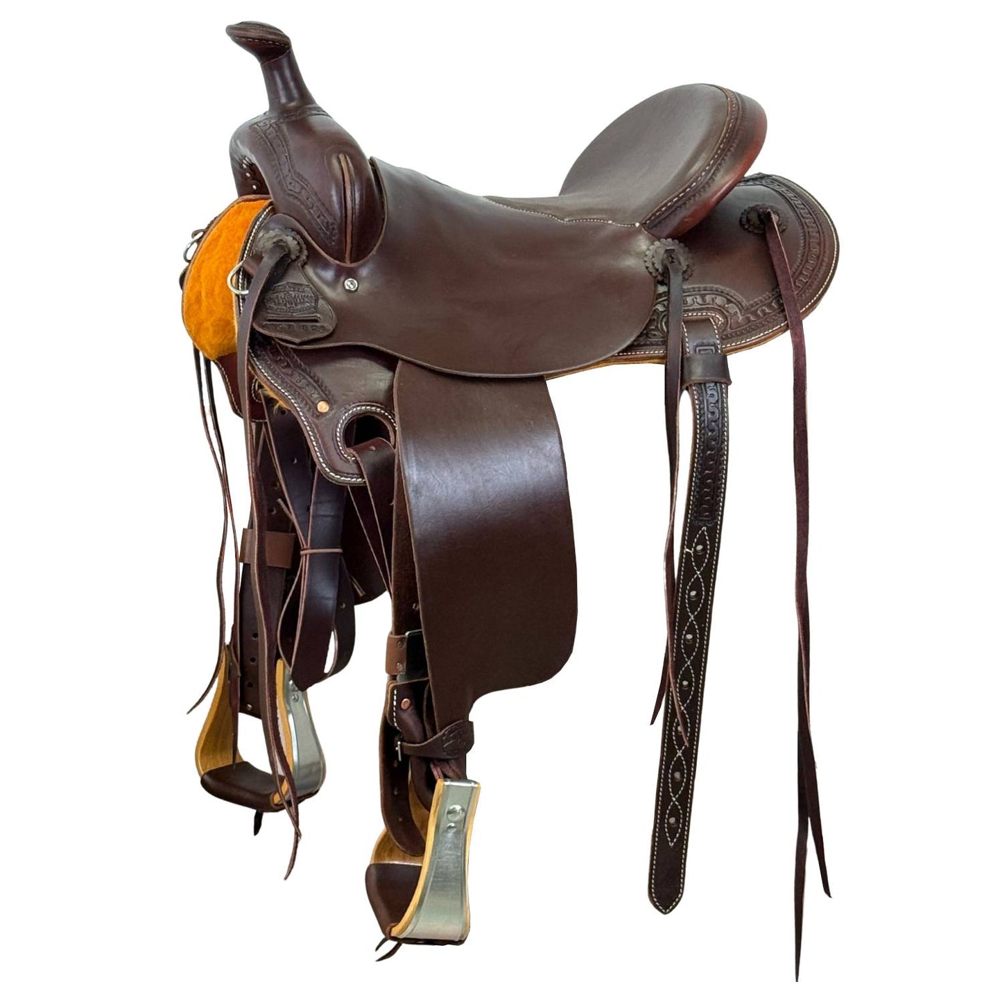 15.5" McLite All-Around Trail Saddle with Padded Seat, Dark Oil with Carlos Border Tooling