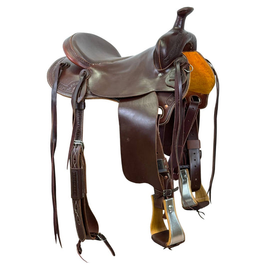 15.5" McLite All-Around Trail Saddle with Padded Seat, Dark Oil with Carlos Border Tooling