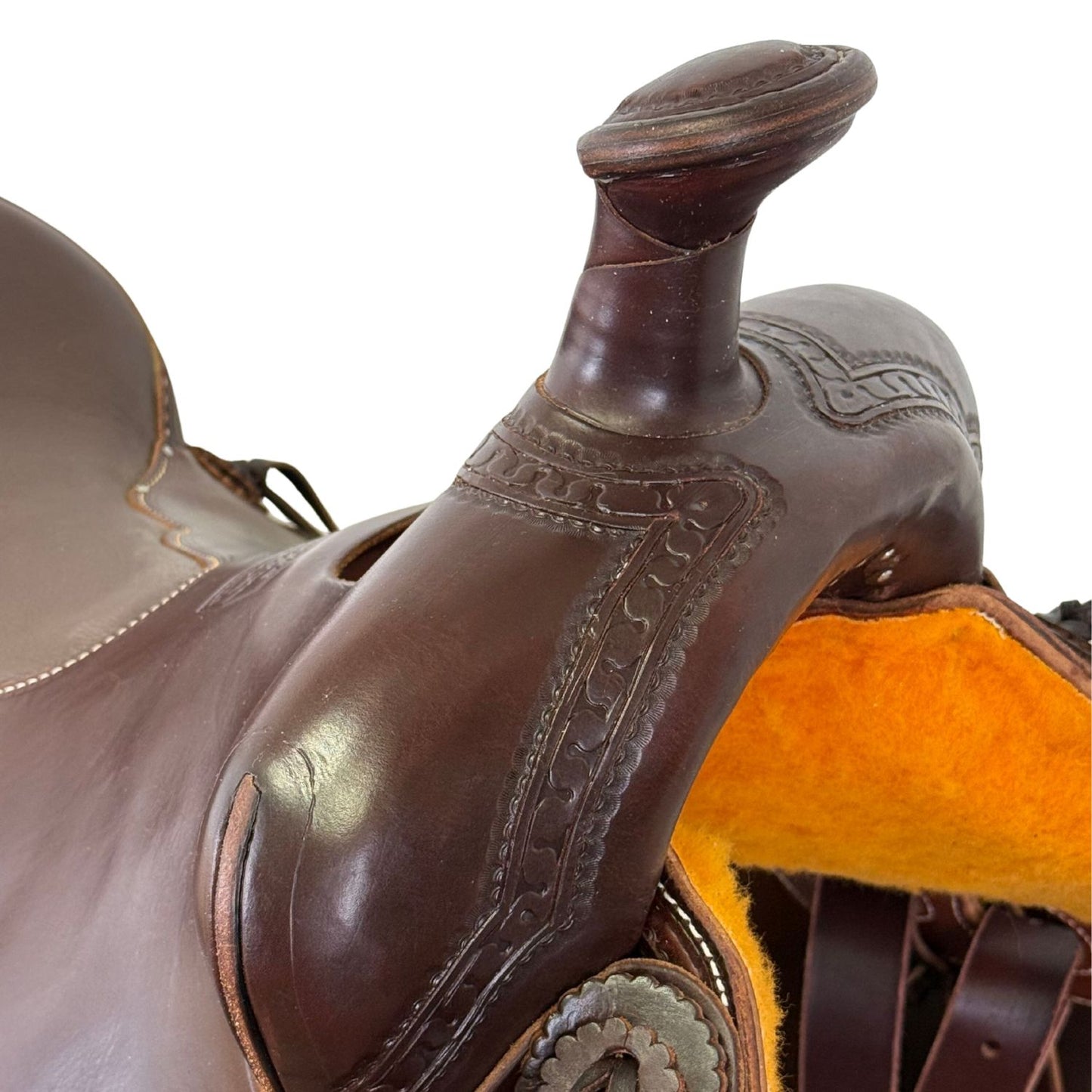 15.5" McLite All-Around Trail Saddle with Padded Seat, Dark Oil with Carlos Border Tooling