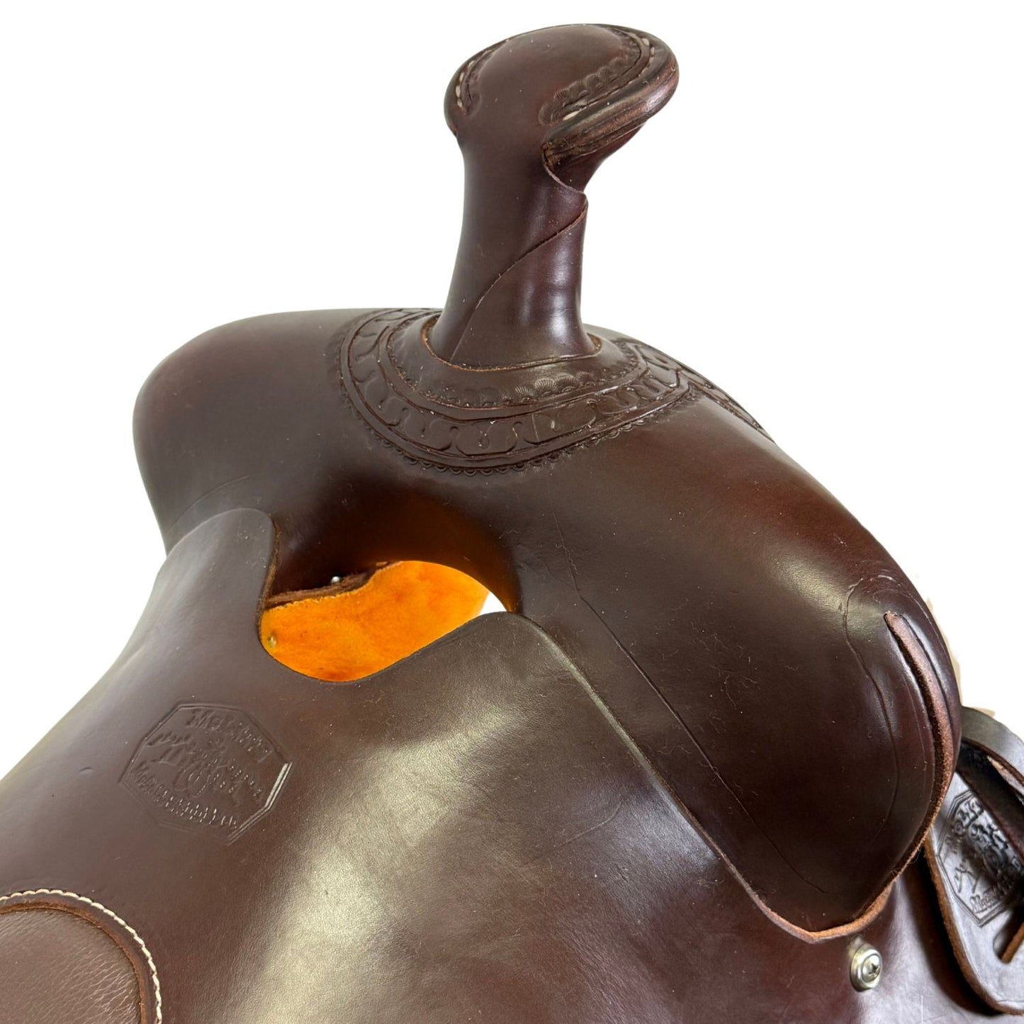 15.5" McLite All-Around Trail Saddle with Padded Seat, Dark Oil with Carlos Border Tooling