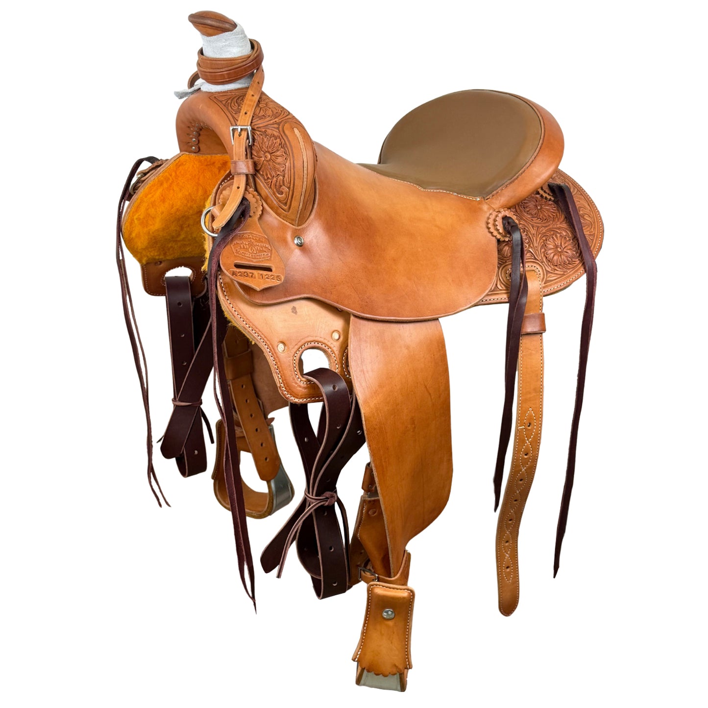 15" McCall McLite All-Around Trail Saddle with Padded Seat & Wild Rose Tooling