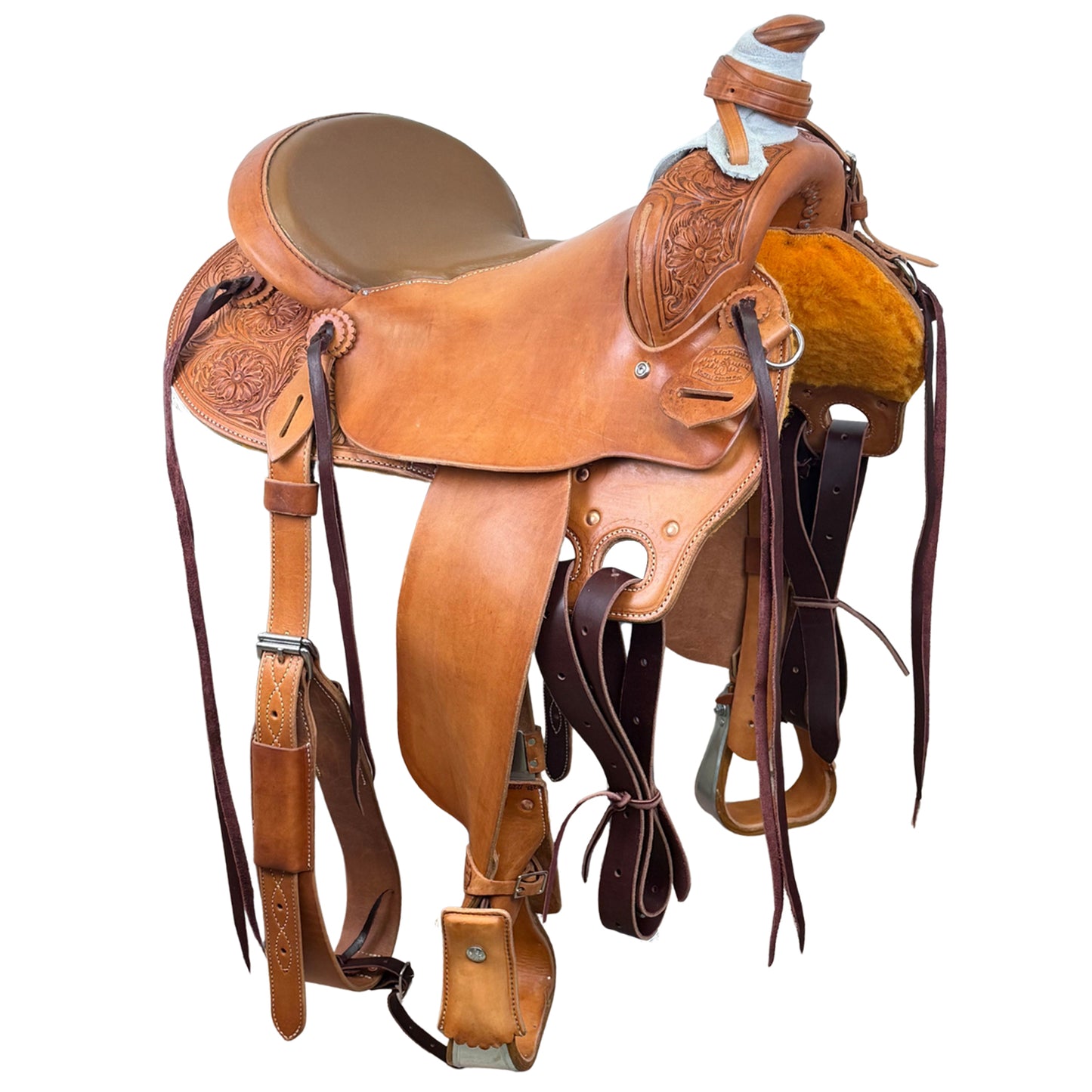 15" McCall McLite All-Around Trail Saddle with Padded Seat & Wild Rose Tooling