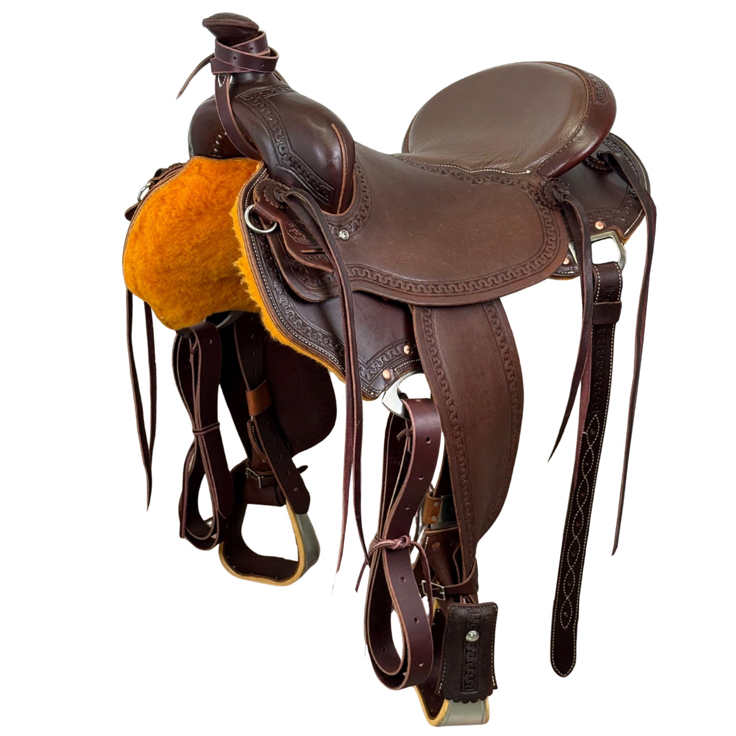 16" McCall McLite Dark Oil All-Around Trail Saddle with Roughout Leather, Padded Seat & Flat Plate Rigging
