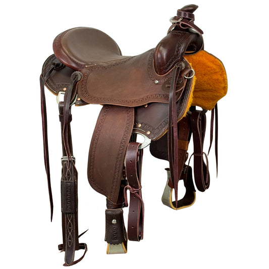 16" McCall McLite Dark Oil All-Around Trail Saddle with Roughout Leather, Padded Seat & Flat Plate Rigging