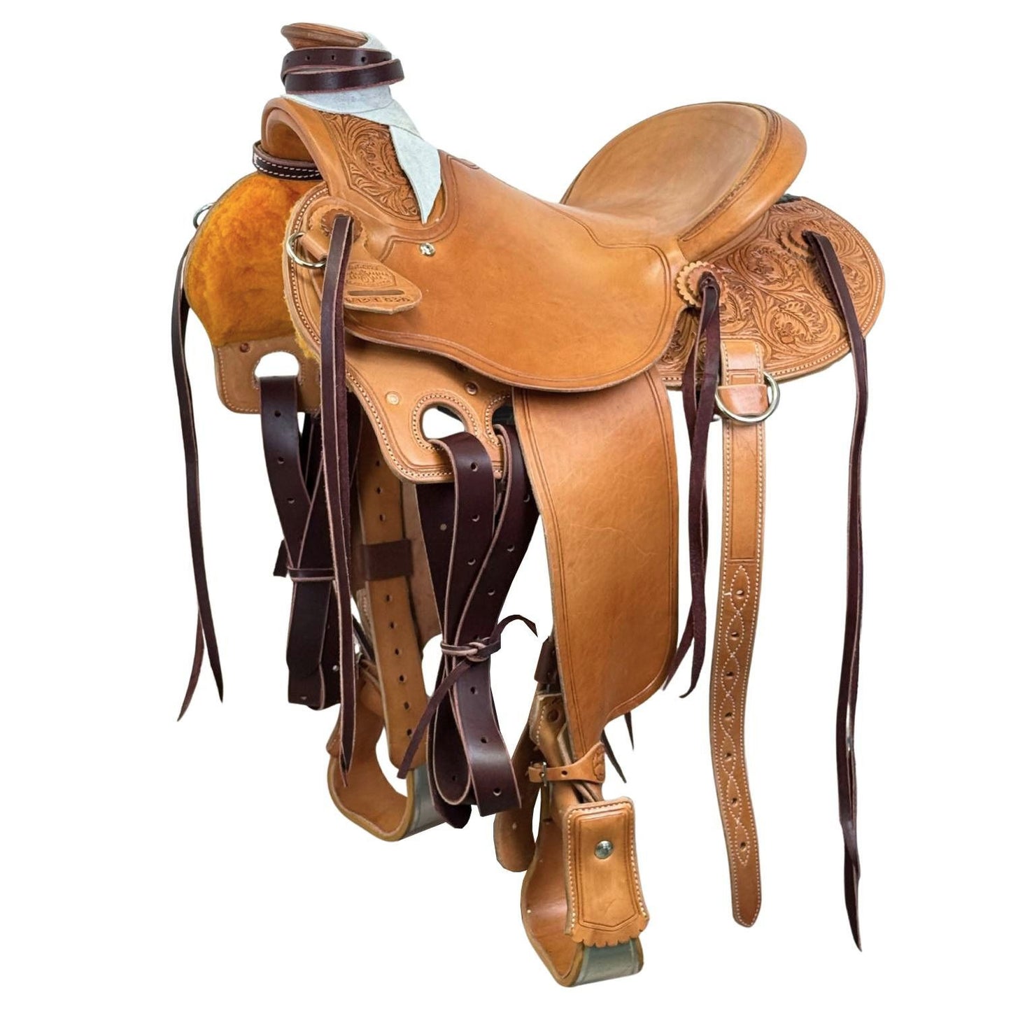 14" McCall McLite Wade Trail Saddle, Light Oil with River Oak Tooling