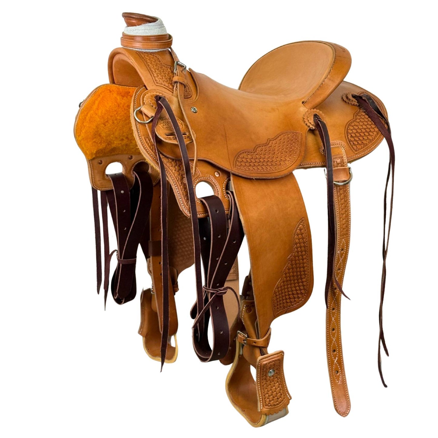 15" McCall McLite Wade Trail Saddle, Light Oil with Basket Tooling