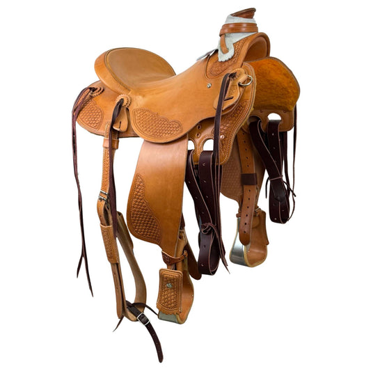 15" McCall McLite Wade Trail Saddle, Light Oil with Basket Tooling