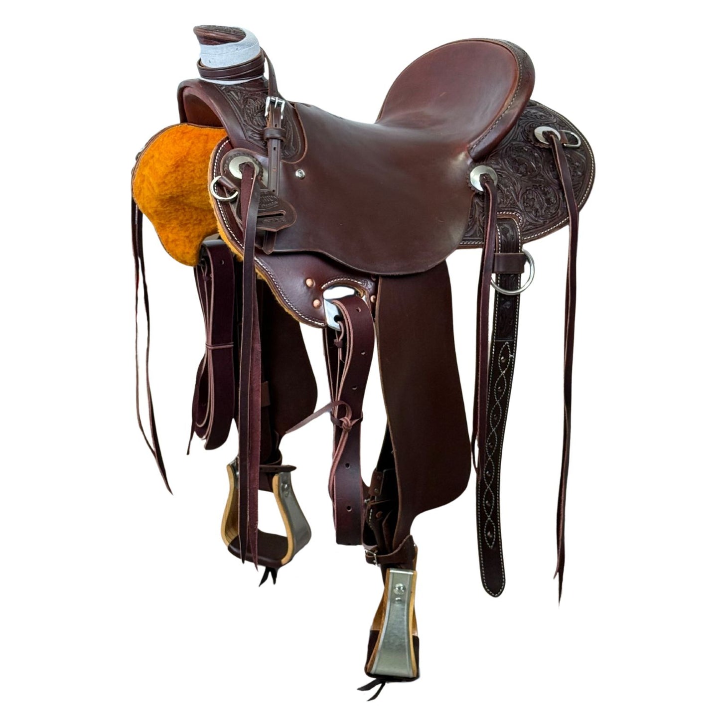 McCall McLite Wade Trail Saddle with a 15" Seat, in Dark Oil with River Oak Tooling