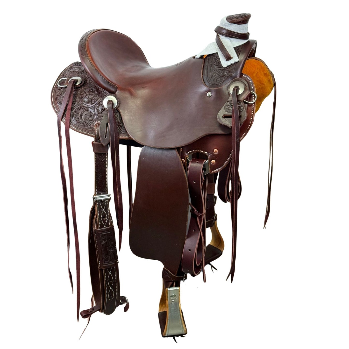 McCall McLite Wade Trail Saddle with a 15" Seat, in Dark Oil with River Oak Tooling