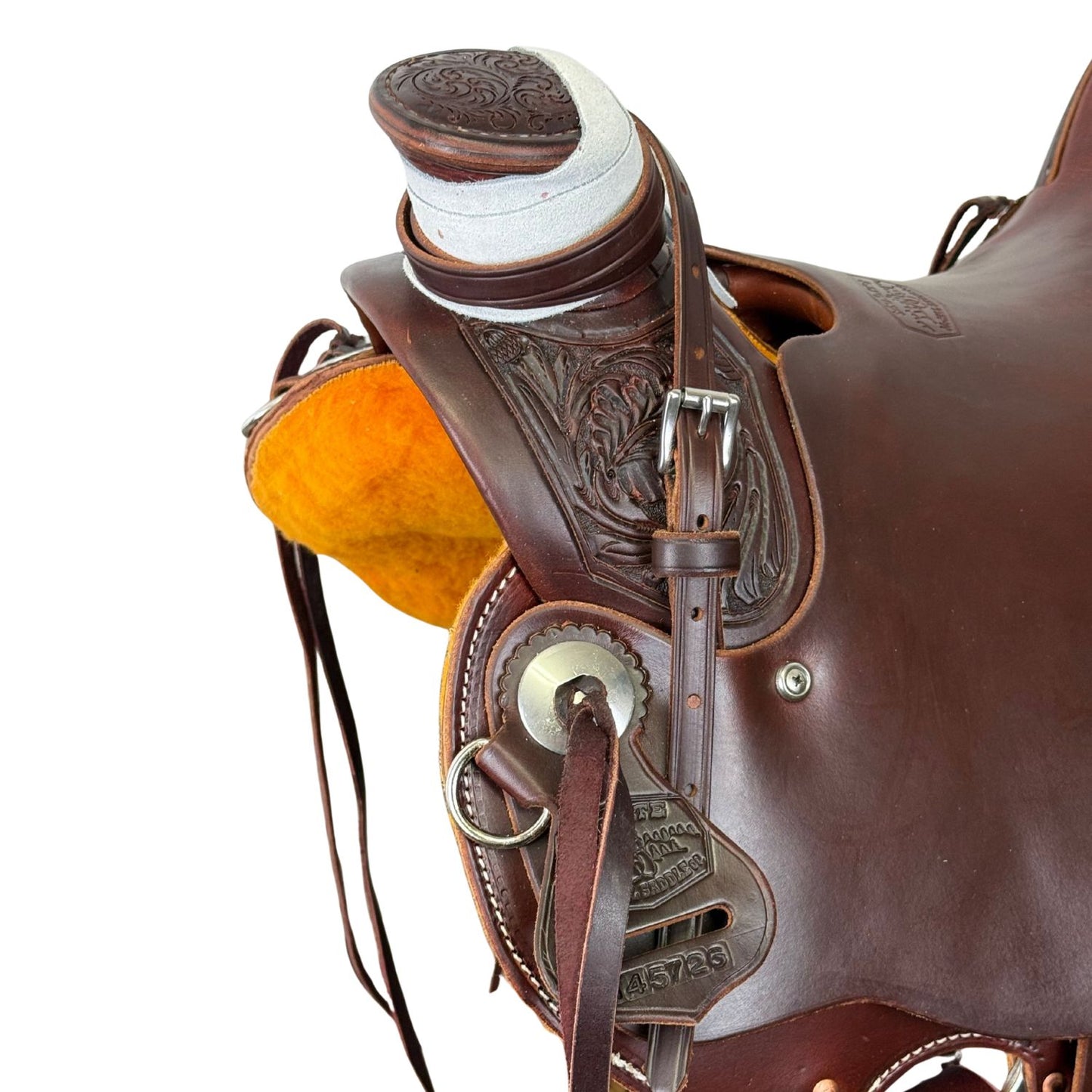 McCall McLite Wade Trail Saddle with a 15" Seat, in Dark Oil with River Oak Tooling