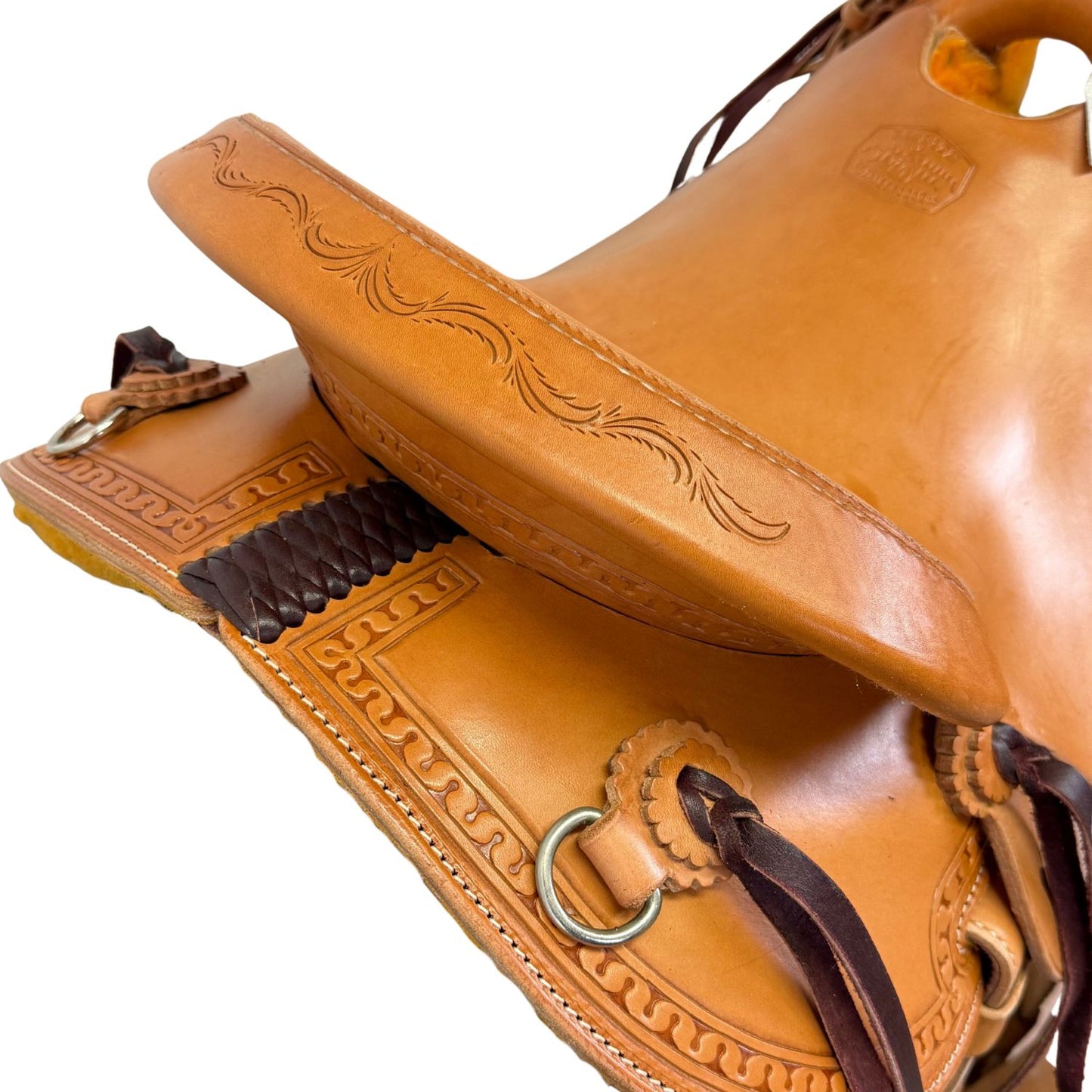 McCall McLite Wade Trail Saddle with 15" Hard Seat, Light Oil with Carlos Border Tooling