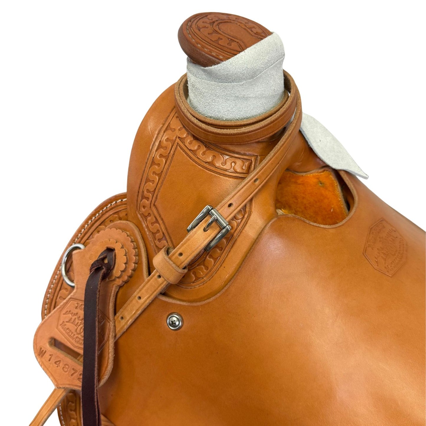 McCall McLite Wade Trail Saddle with 15" Hard Seat, Light Oil with Carlos Border Tooling