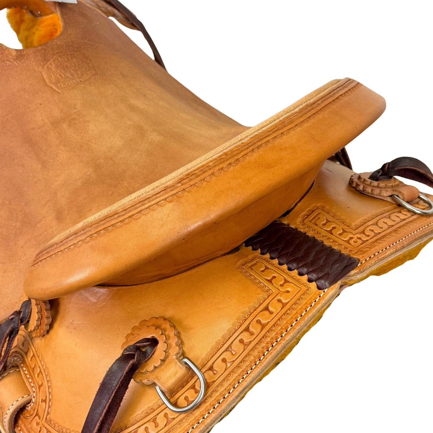 McCall McLite Wade Trail Saddle with 15" Roughout Seat, Light Oil with Carlos Border Tooling