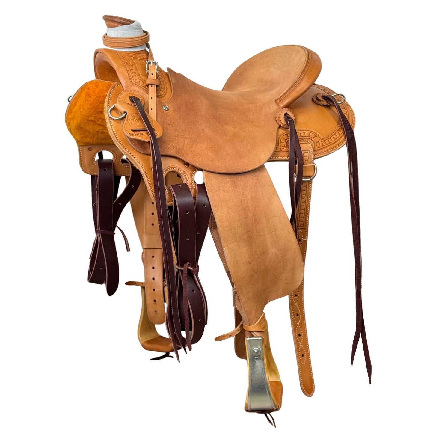 McCall McLite Wade Trail Saddle with 15" Roughout Seat, Light Oil with Carlos Border Tooling
