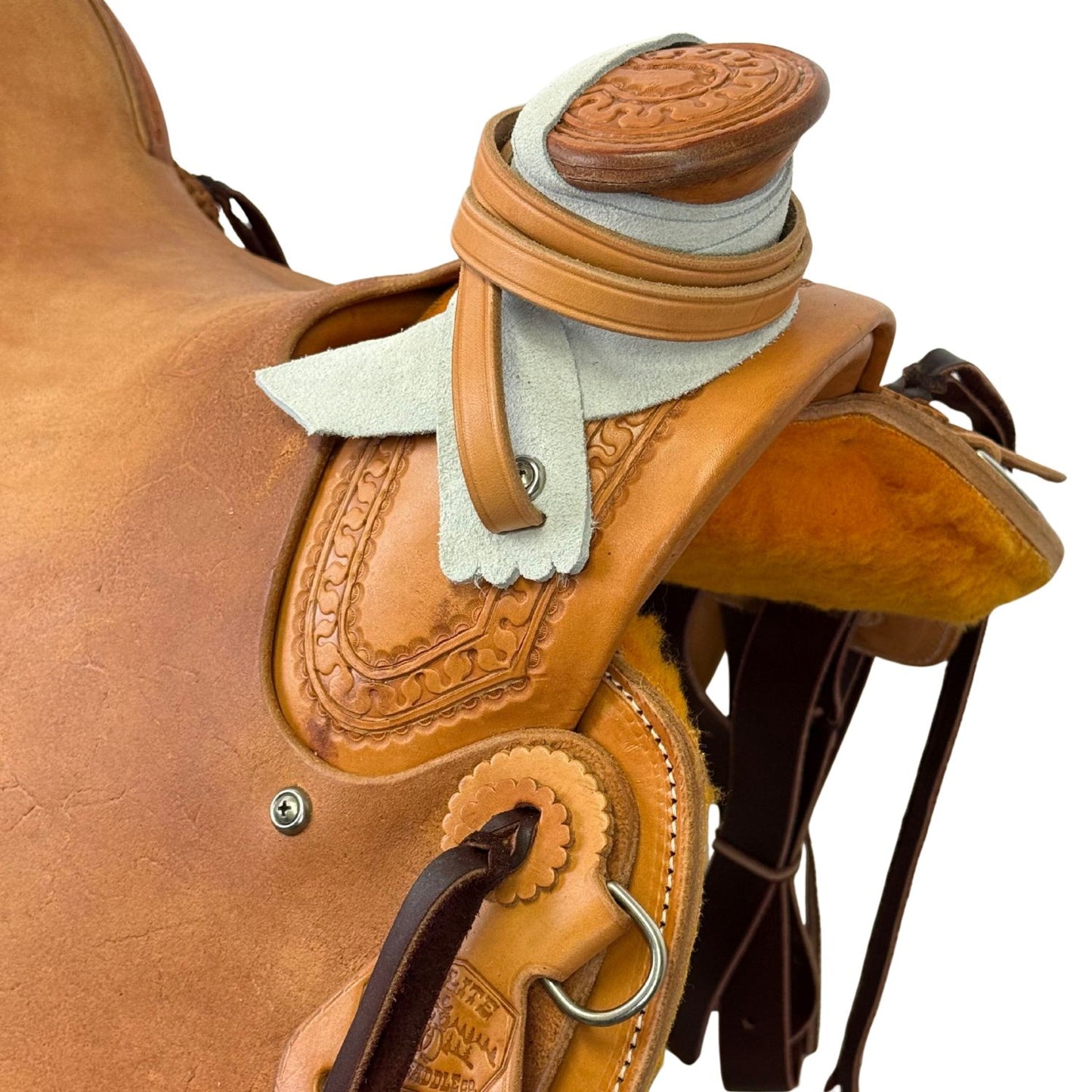 McCall McLite Wade Trail Saddle with 15" Roughout Seat, Light Oil with Carlos Border Tooling