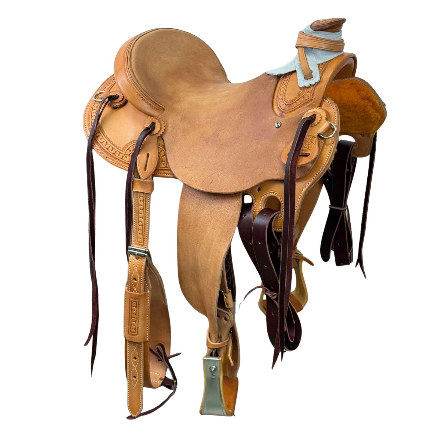 McCall McLite Wade Trail Saddle with 15" Roughout Seat, Light Oil with Carlos Border Tooling