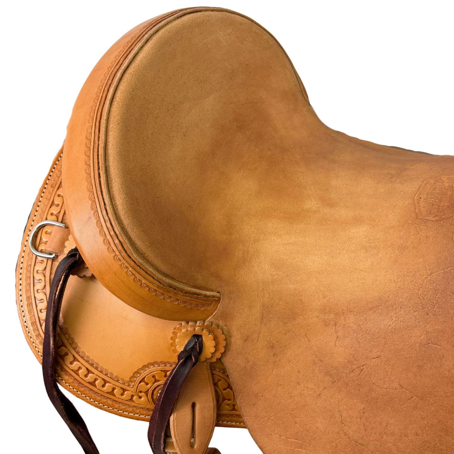 McCall McLite Wade Trail Saddle with 15" Roughout Seat, Light Oil with Carlos Border Tooling