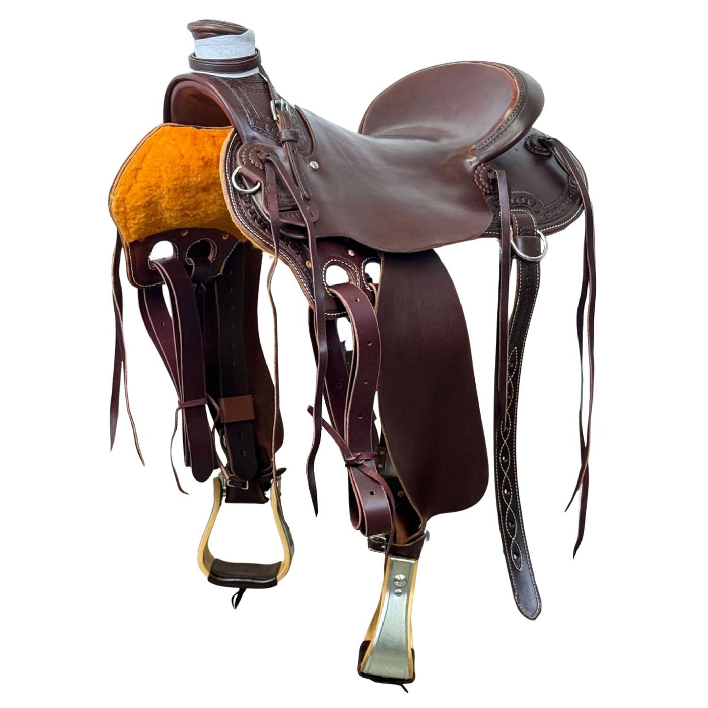 McCall McLite Wade Trail Saddle with 16" Hard Seat,Dark Oil with Carlos Border Tooling