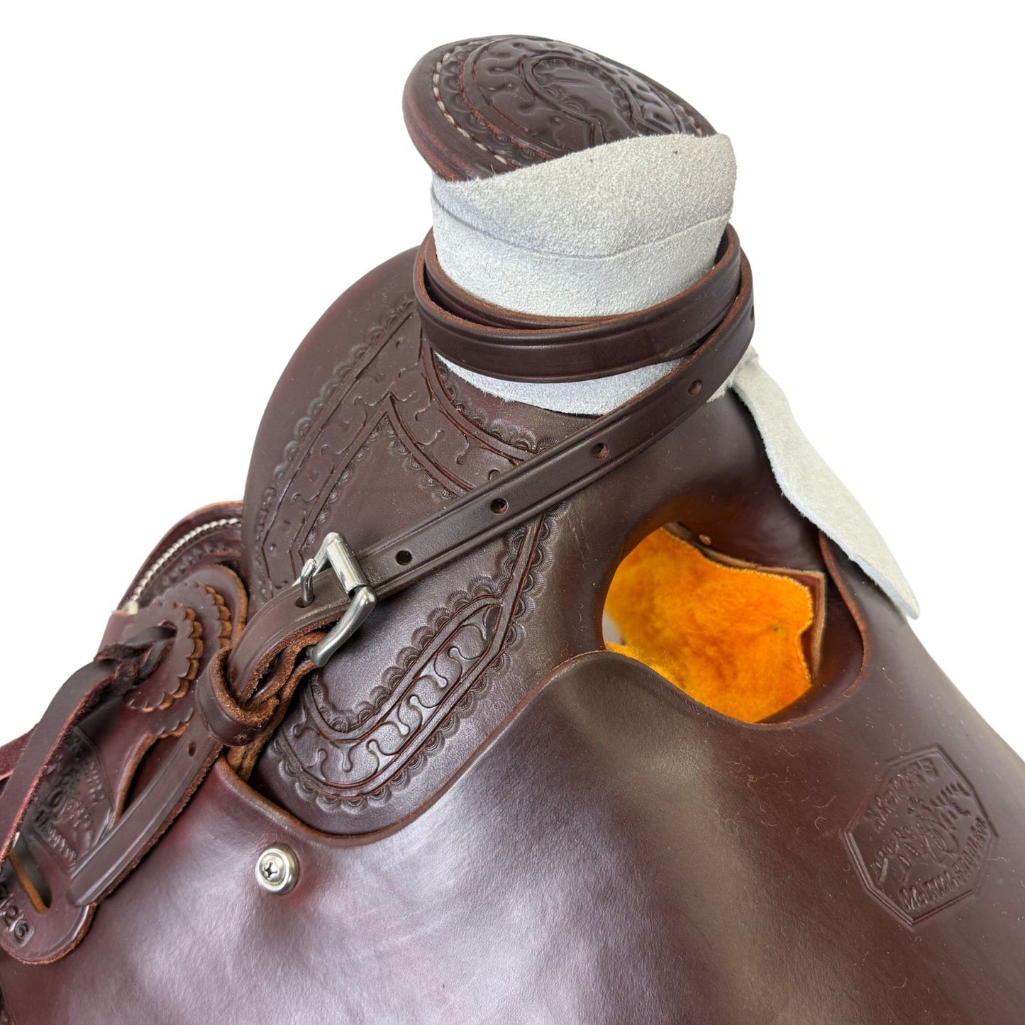 McCall McLite Wade Trail Saddle with 16" Hard Seat,Dark Oil with Carlos Border Tooling