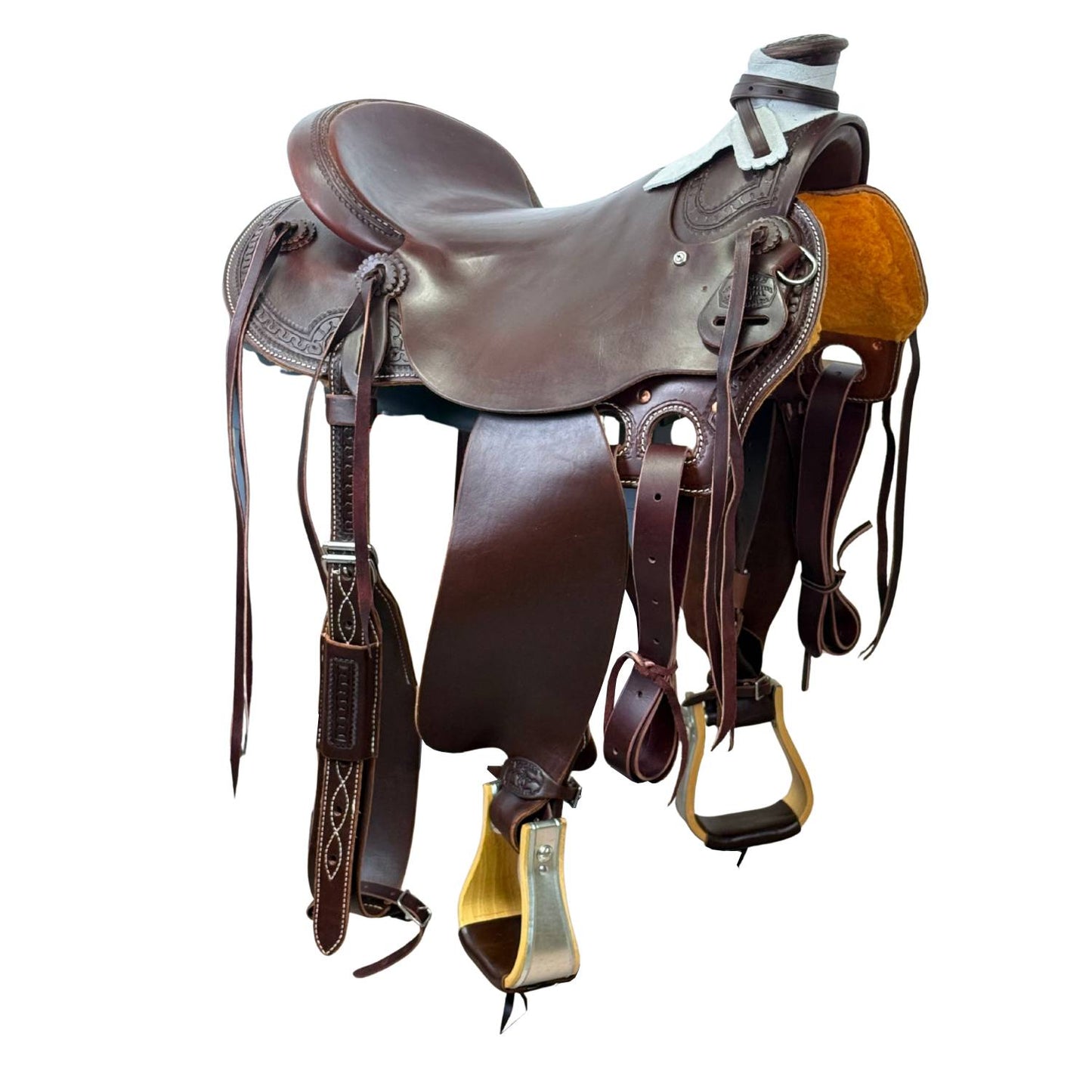 McCall McLite Wade Trail Saddle with 16" Hard Seat,Dark Oil with Carlos Border Tooling