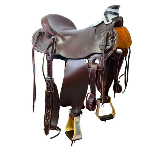McCall McLite Wade Trail Saddle with 16" Hard Seat, Dark Oil with Carlos Border Tooling