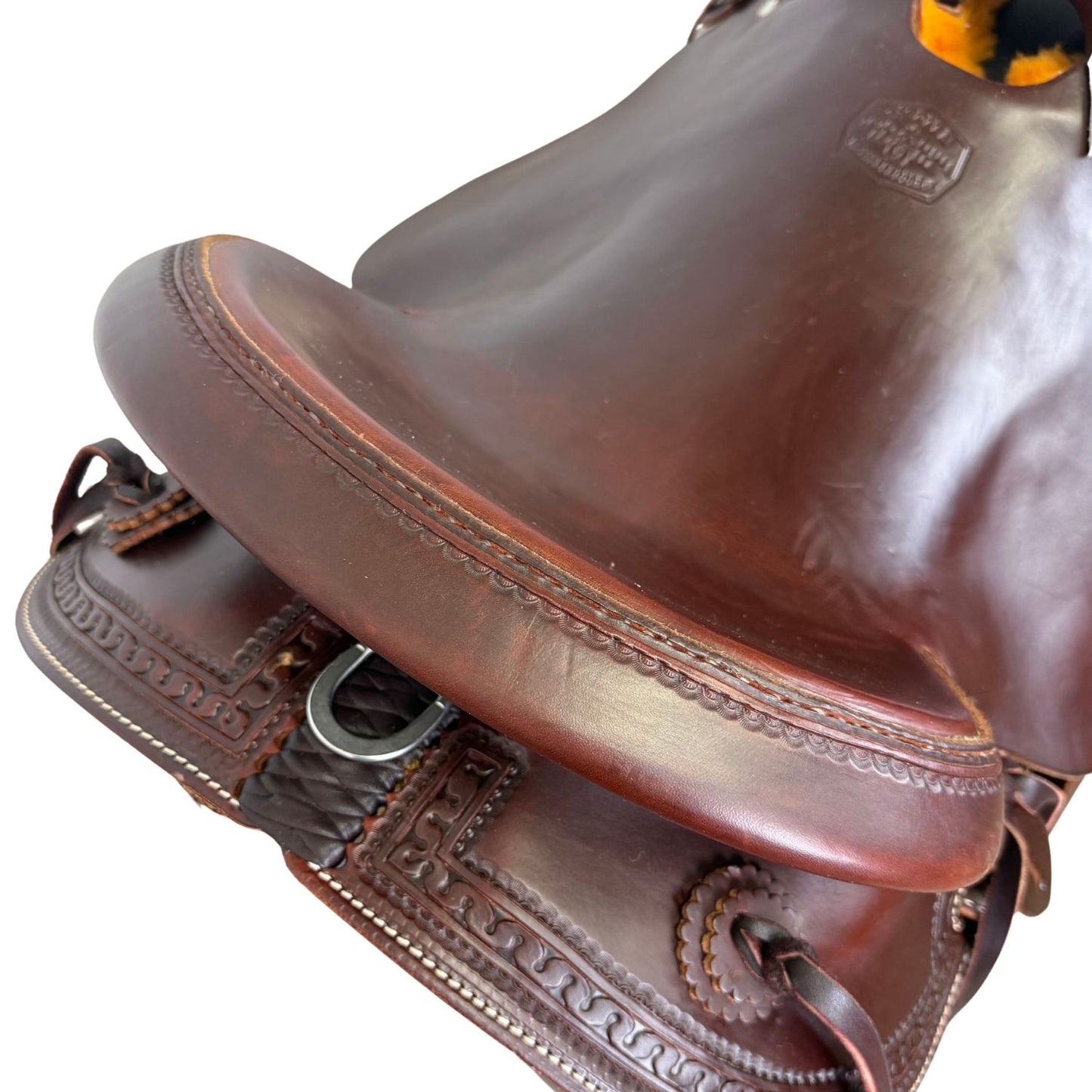 McCall McLite Wade Trail Saddle with 16" Hard Seat,Dark Oil with Carlos Border Tooling