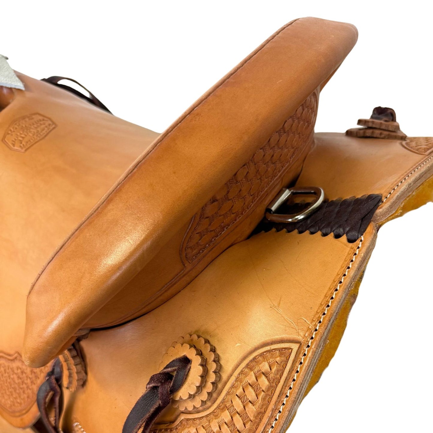 McCall McLite Wade Trail Saddle with 16" Hard Seat, Light Oil with Basket Tooling