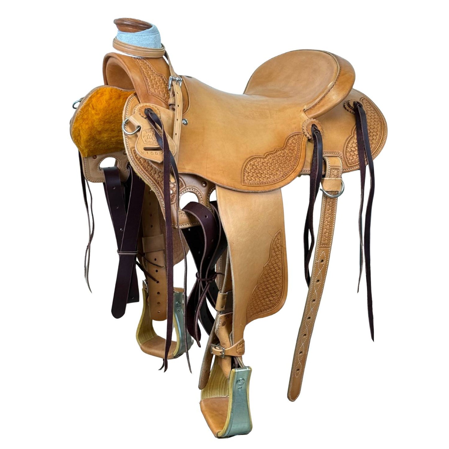 McCall McLite Wade Trail Saddle with 16" Hard Seat, Light Oil with Basket Tooling