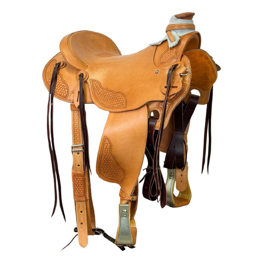 McCall McLite Wade Trail Saddle with 16" Hard Seat, Light Oil with Basket Tooling