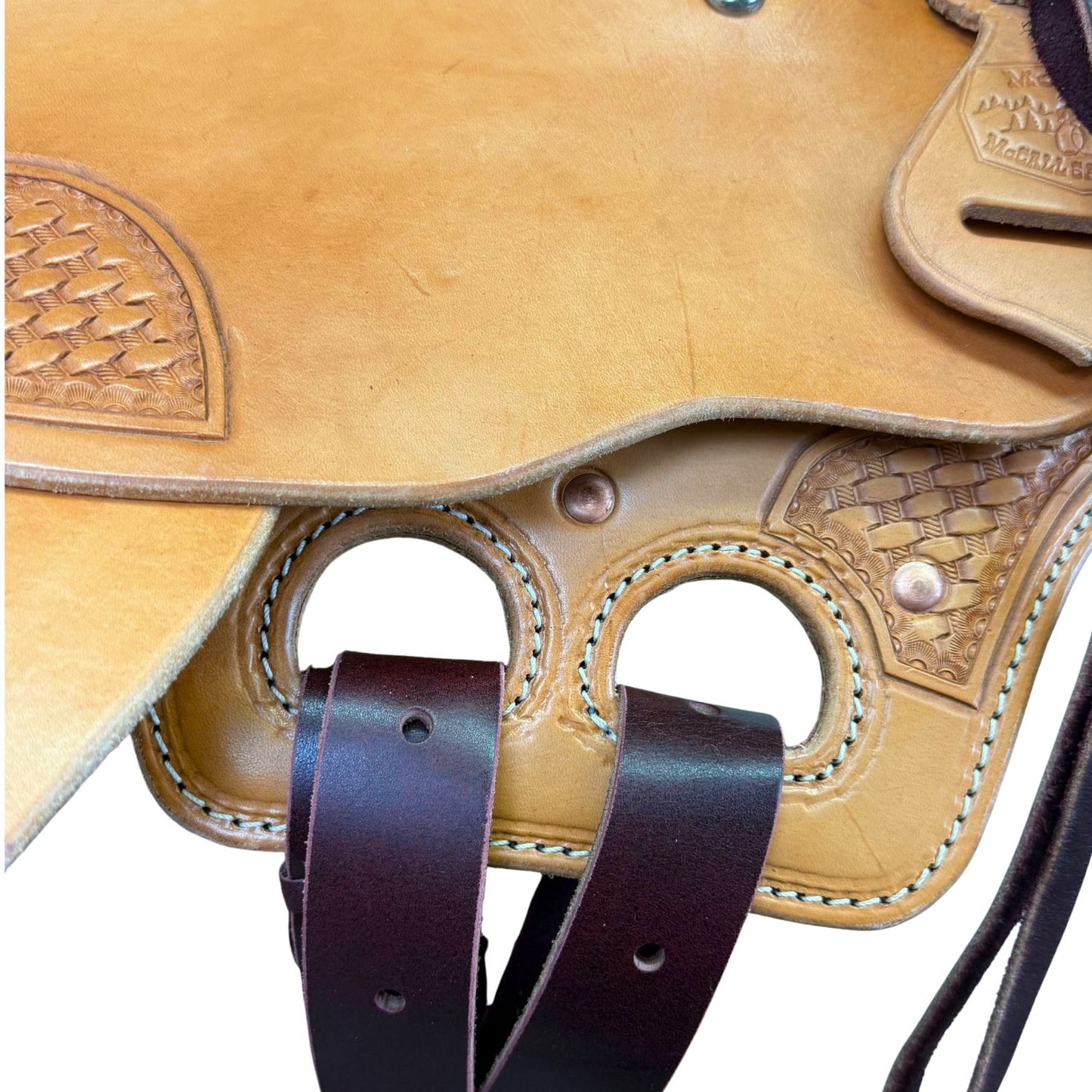 McCall McLite Wade Trail Saddle with 16" Hard Seat, Light Oil with Basket Tooling