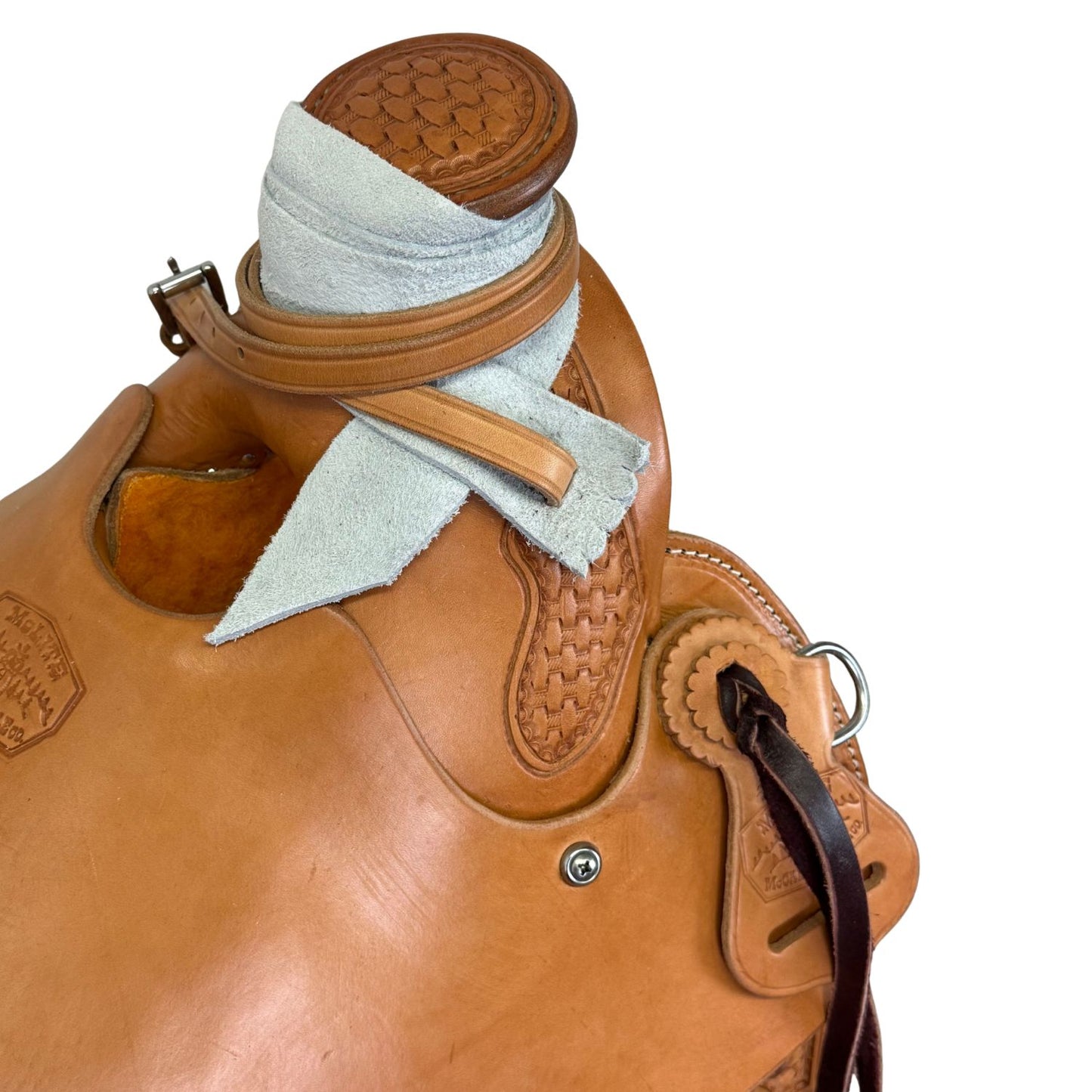 McCall McLite Wade Trail Saddle with 16" Hard Seat, Light Oil with Basket Tooling
