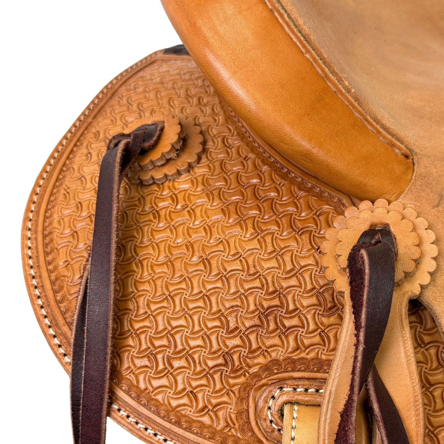 McCall McLite Wade Trail Saddle with 16" Roughout Hard Seat, Light Oil with Crazy Leg Tooling