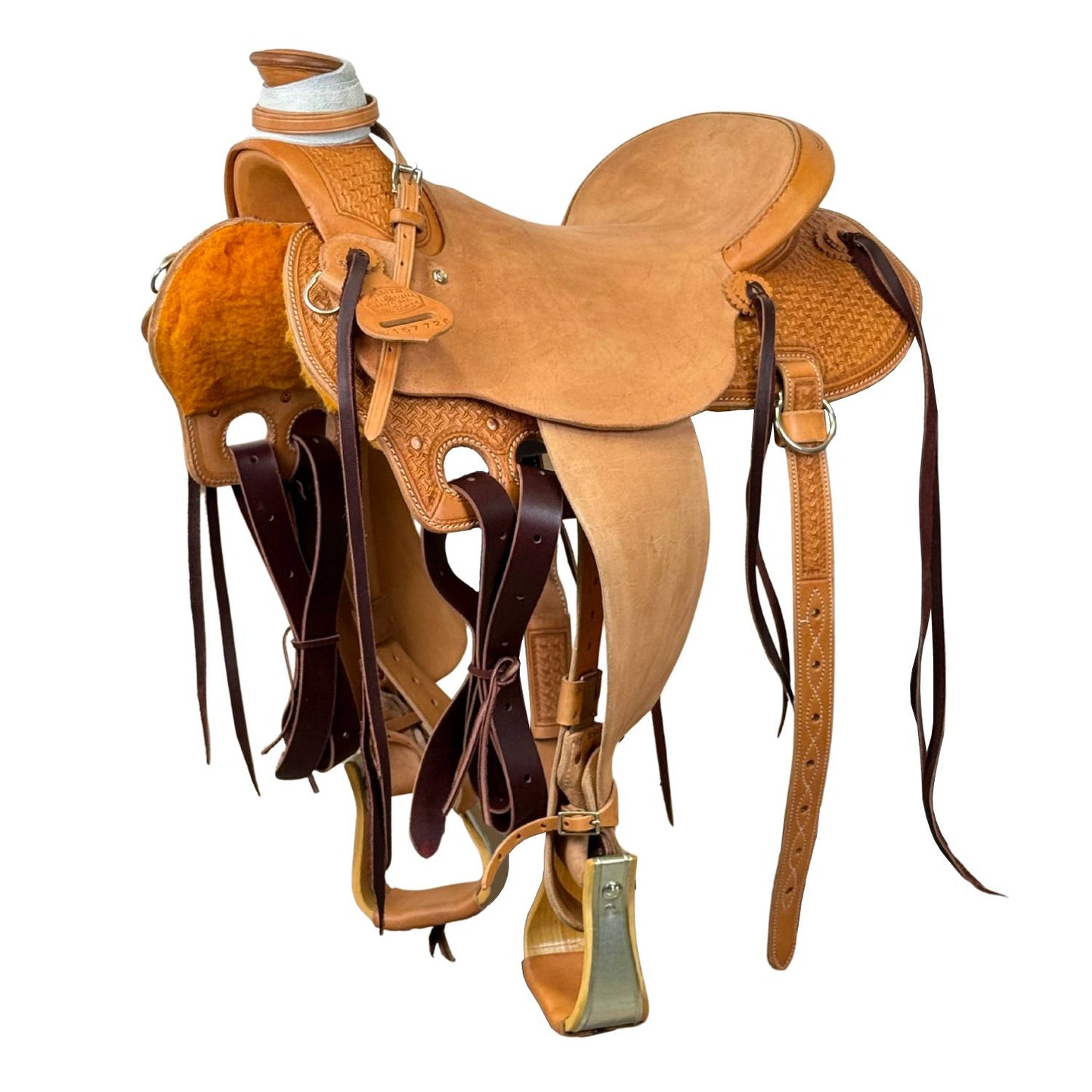 McCall McLite Wade Trail Saddle with 16" Roughout Hard Seat, Light Oil with Crazy Leg Tooling