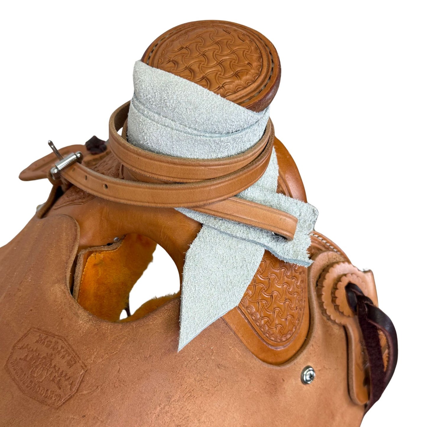 McCall McLite Wade Trail Saddle with 16" Roughout Hard Seat, Light Oil with Crazy Leg Tooling