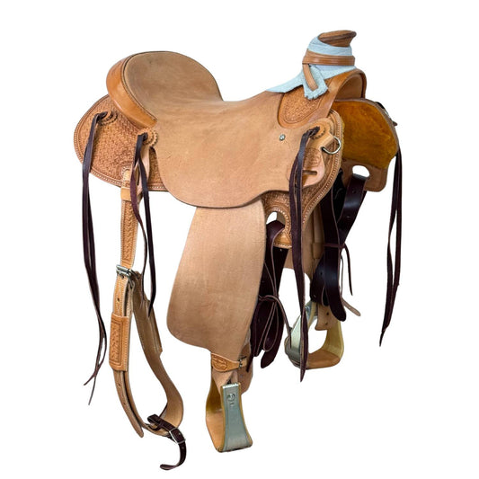 McCall McLite Wade Trail Saddle with 16" Roughout Hard Seat, Light Oil with Crazy Leg Tooling