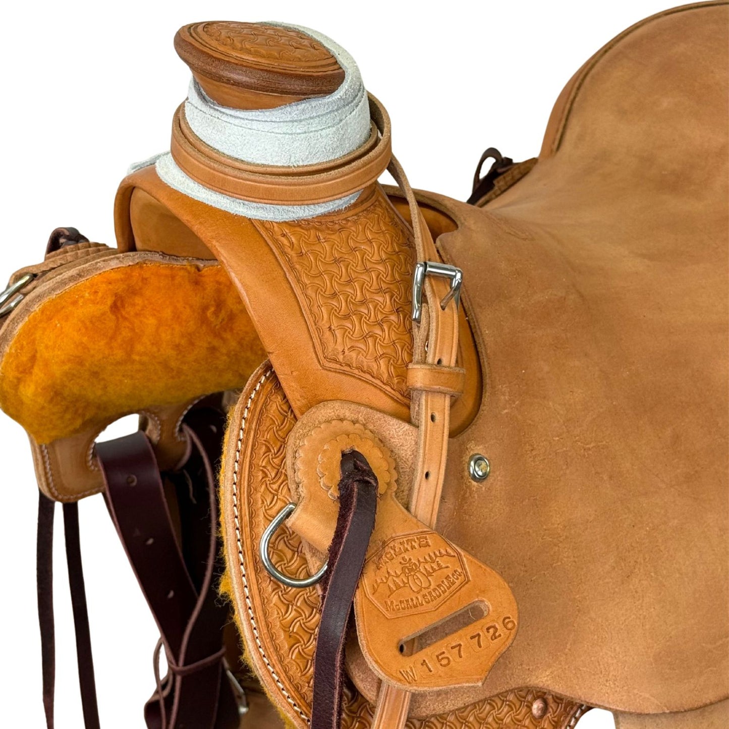 McCall McLite Wade Trail Saddle with 16" Roughout Hard Seat, Light Oil with Crazy Leg Tooling