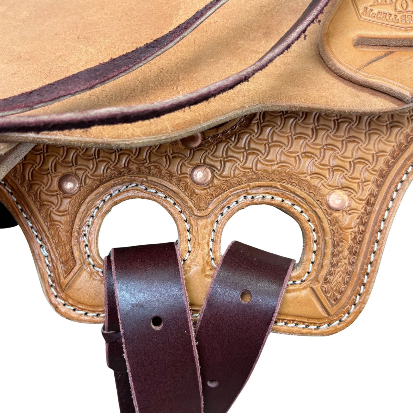 McCall McLite Wade Trail Saddle with 16" Roughout Hard Seat, Light Oil with Crazy Leg Tooling