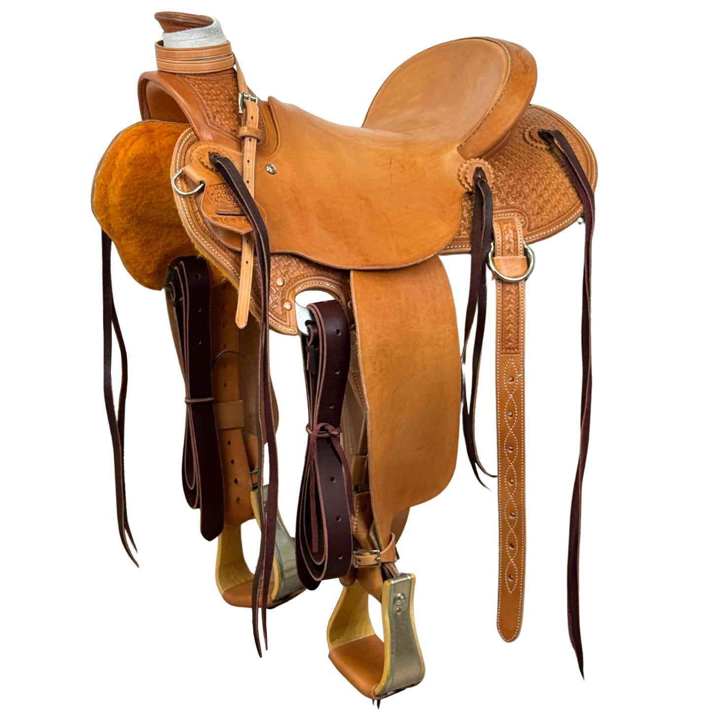 15" McCall McLite Wade Trail Saddle, Light Oil with Crazy Leg Tooling, Hamley Plate Rigging