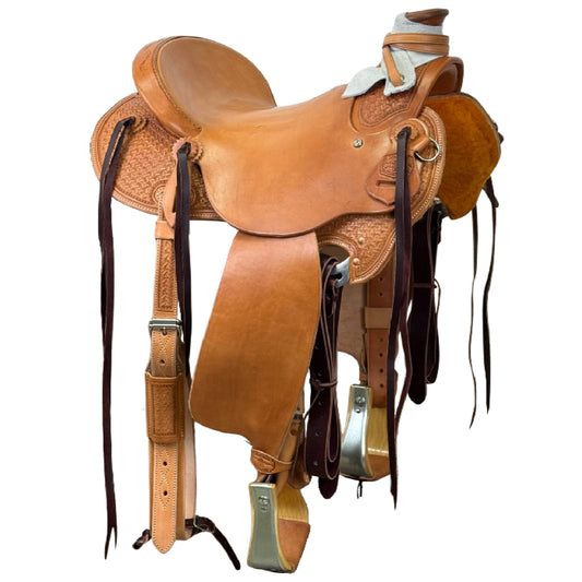 15" McCall McLite Wade Trail Saddle, Light Oil with Crazy Leg Tooling, Hamley Plate Rigging