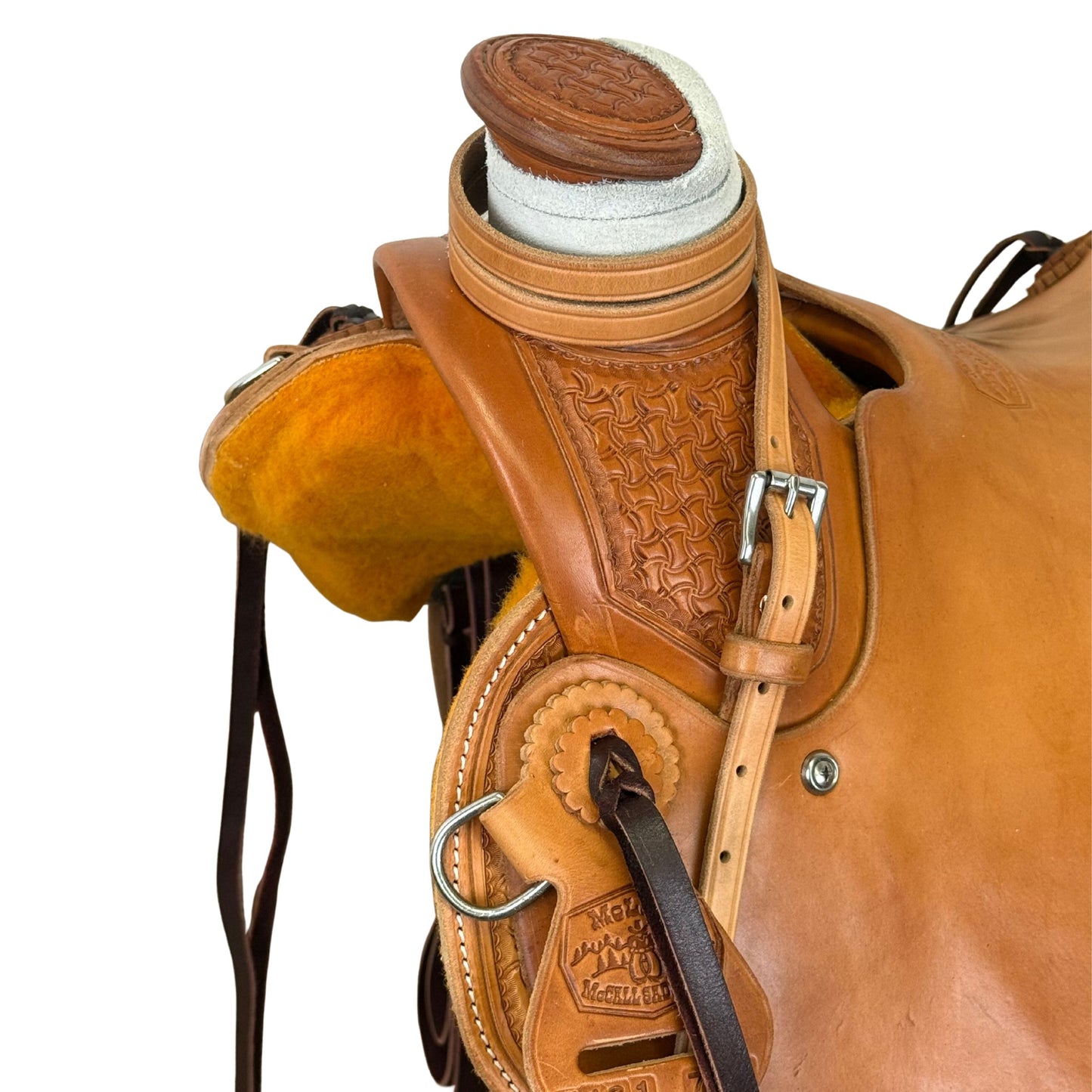 15" McCall McLite Wade Trail Saddle, Light Oil with Crazy Leg Tooling, Hamley Plate Rigging