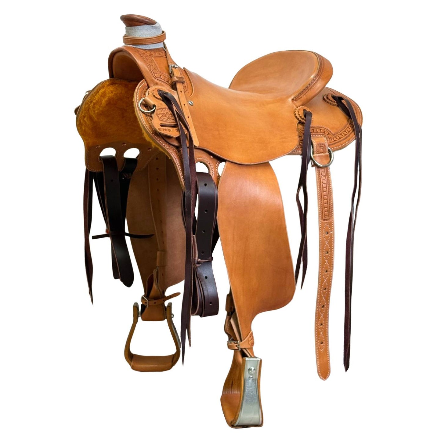 16" McCall McLite Wade Trail Saddle, Light Oil with  Carlos Border Tooling, Adjustable In-skirt Rigging