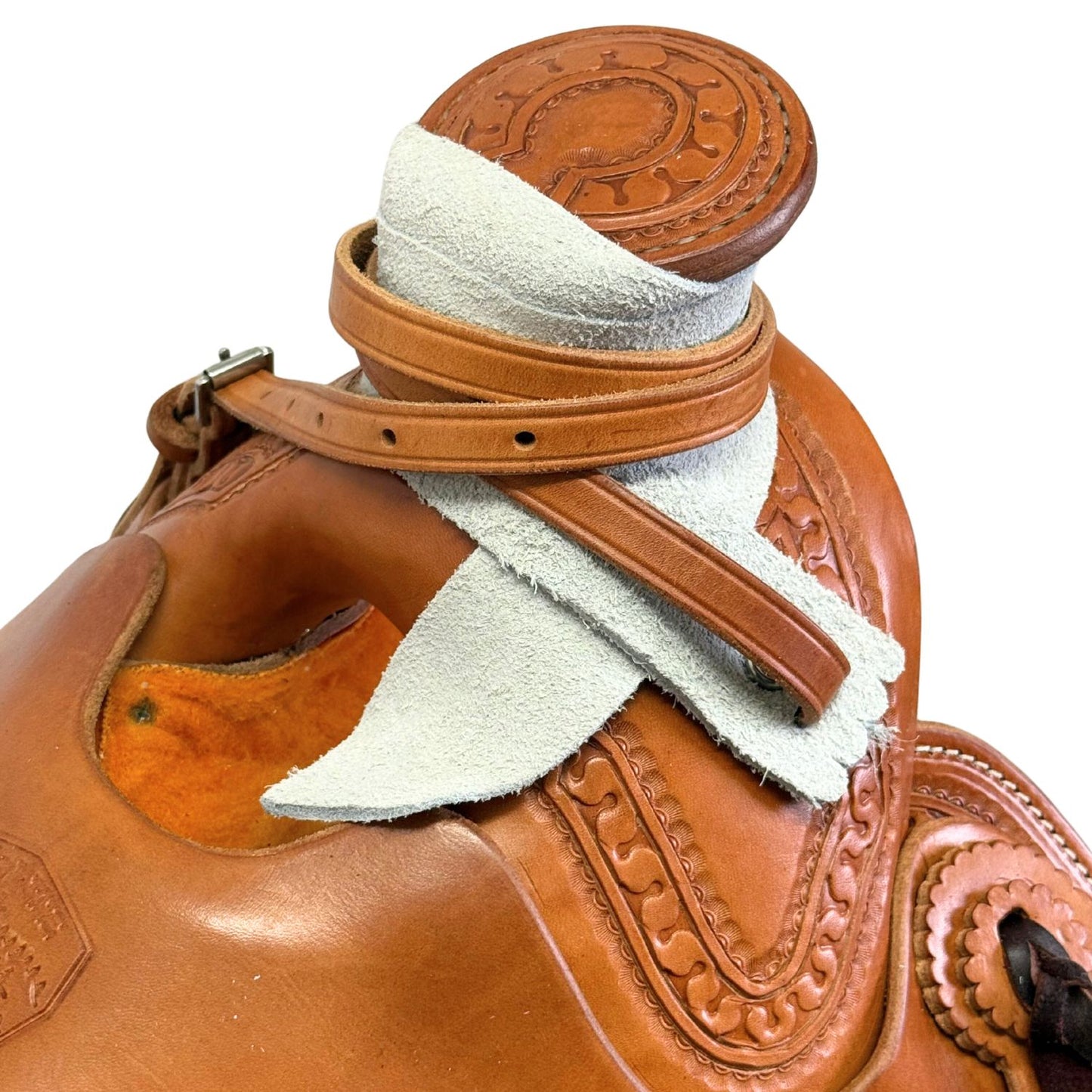 16" McCall McLite Wade Trail Saddle, Light Oil with  Carlos Border Tooling, Adjustable In-skirt Rigging