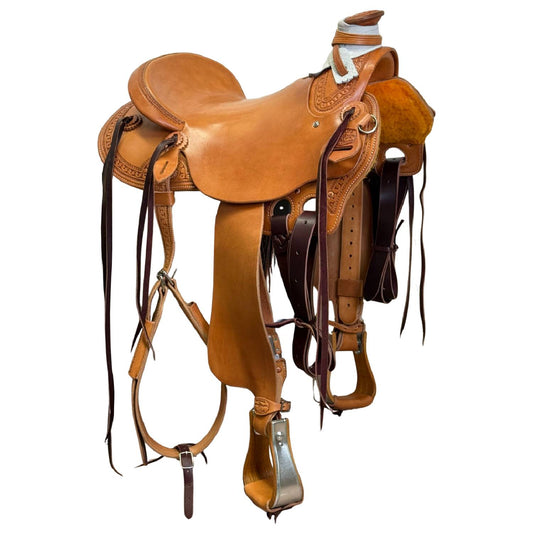 16" McCall McLite Wade Trail Saddle, Light Oil with  Carlos Border Tooling, Adjustable In-skirt Rigging